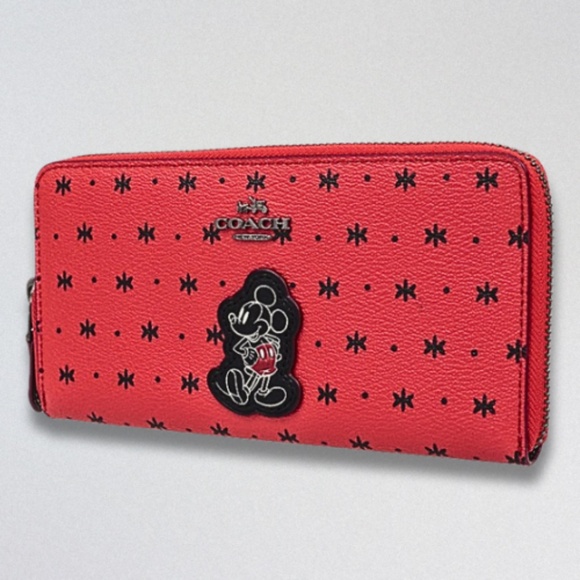Coach Mickey Mouse Prairie Wallet Bandana Print Full Zip Pebble Leather Red W OS - Picture 2 of 16